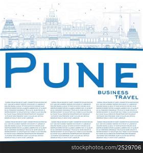 Outline Pune Skyline with Blue Buildings and Copy Space. Vector Illustration. Business Travel and Tourism Concept with Historic Buildings. Image for Presentation Banner Placard and Web Site.
