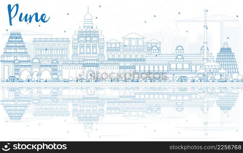 Outline Pune Skyline with Blue Buildings and Reflections. Vector Illustration. Business Travel and Tourism Concept with Historic Architecture. Image for Presentation Banner Placard and Web Site.