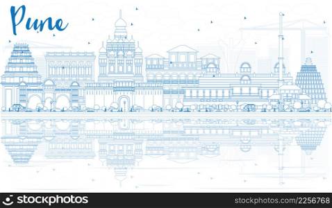Outline Pune Skyline with Blue Buildings and Reflections. Vector Illustration. Business Travel and Tourism Concept with Historic Architecture. Image for Presentation Banner Placard and Web Site.