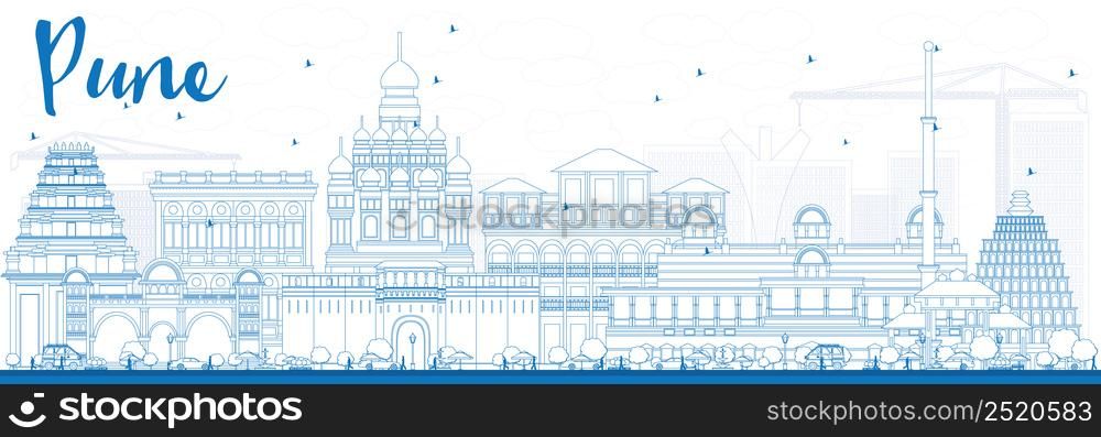 Outline Pune Skyline with Blue Buildings. Vector Illustration. Business Travel and Tourism Concept with Historic Buildings. Image for Presentation Banner Placard and Web Site.
