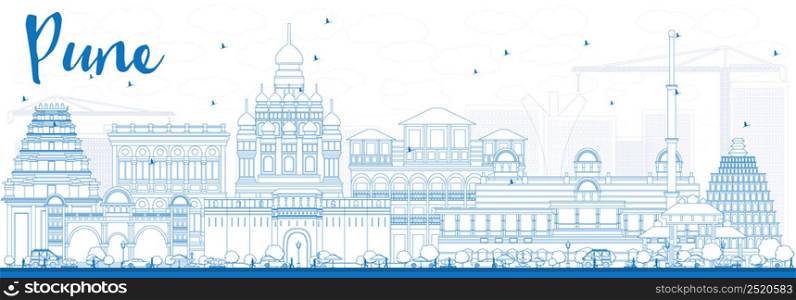 Outline Pune Skyline with Blue Buildings. Vector Illustration. Business Travel and Tourism Concept with Historic Buildings. Image for Presentation Banner Placard and Web Site.