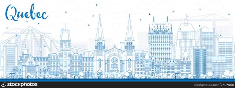 Outline Quebec Skyline with Blue Buildings. Vector Illustration. Business Travel and Tourism Concept with Historic Architecture. Image for Presentation Banner Placard and Web Site.