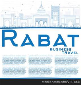 Outline Rabat Skyline with Blue Buildings and Copy Space. Vector Illustration. Business Travel and Tourism Concept with Historic Architecture. Image for Presentation Banner Placard and Web Site.