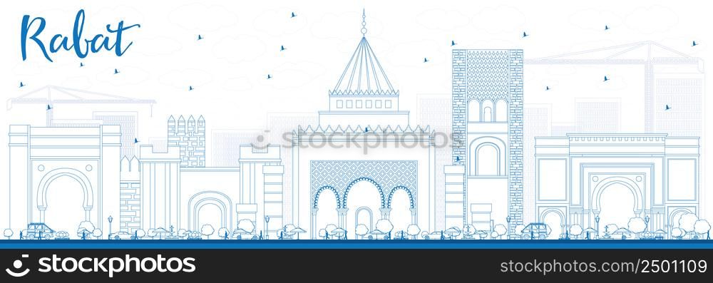 Outline Rabat Skyline with Blue Buildings. Vector Illustration. Business Travel and Tourism Concept with Historic Architecture. Image for Presentation Banner Placard and Web Site.