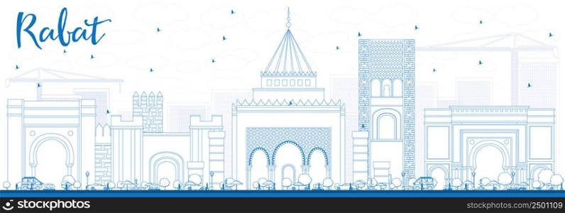 Outline Rabat Skyline with Blue Buildings. Vector Illustration. Business Travel and Tourism Concept with Historic Architecture. Image for Presentation Banner Placard and Web Site.