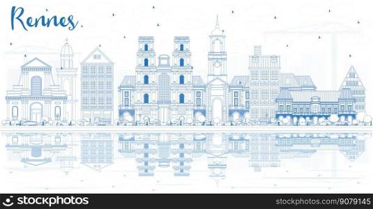 Outline Rennes France City Skyline with Blue Buildings and Reflections. Vector Illustration. Business Travel and Tourism Concept with Historic Architecture. Rennes Cityscape with Landmarks.