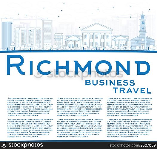 Outline Richmond (Virginia) Skyline with Blue Buildings and Copy Space. Vector Illustration. Business Travel and Tourism Conceptwith Modern Buildings.Image for Presentation, Banner and Web Site.