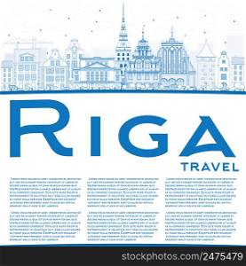 Outline Riga Skyline with Blue Landmarks and Copy Space. Vector Illustration. Business Travel and Tourism Concept with Historic Buildings. Image for Presentation Banner Placard and Web Site.