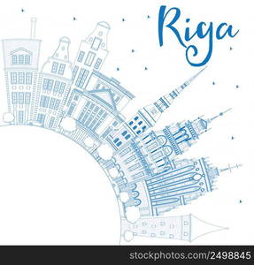 Outline Riga Skyline with Blue Landmarks and Copy Space. Vector Illustration. Business Travel and Tourism Concept with Historic Buildings. Image for Presentation Banner Placard and Web Site.