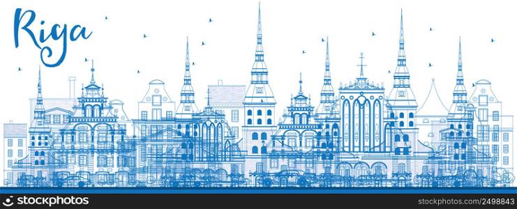 Outline Riga Skyline with Blue Landmarks. Vector Illustration. Business Travel and Tourism Concept with Historic Architecture. Image for Presentation Banner Placard and Web Site.
