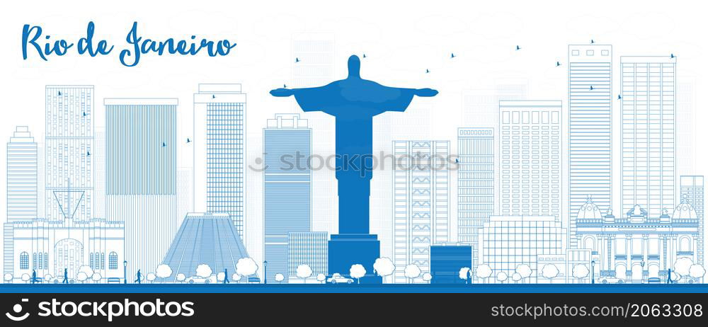 Outline Rio de Janeiro skyline with blue buildings. Vector illustration