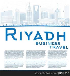 Outline Riyadh skyline with blue buildings. Vector illustration. Business and tourism concept with skyscrapers and copy space. Image for presentation, banner, placard or web site