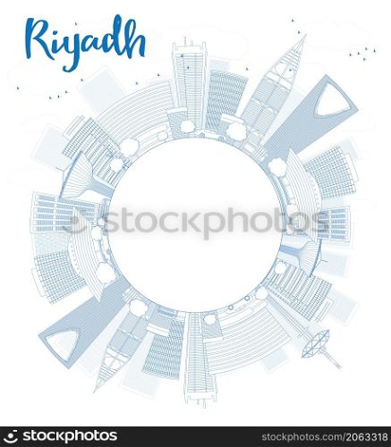 Outline Riyadh skyline with blue buildings. Vector illustration with copy space. Business and tourism concept with skyscrapers. Image for presentation, banner, placard or web site