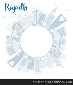 Outline Riyadh skyline with blue buildings. Vector illustration with copy space. Business and tourism concept with skyscrapers. Image for presentation, banner, placard or web site