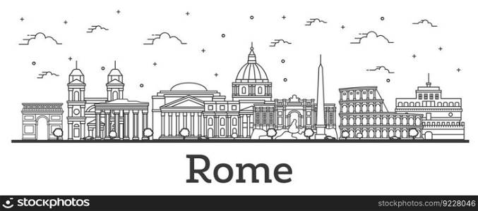 Outline Rome Italy City Skyline with Historic Buildings Isolated on White. Vector Illustration. Rome Cityscape with Landmarks.