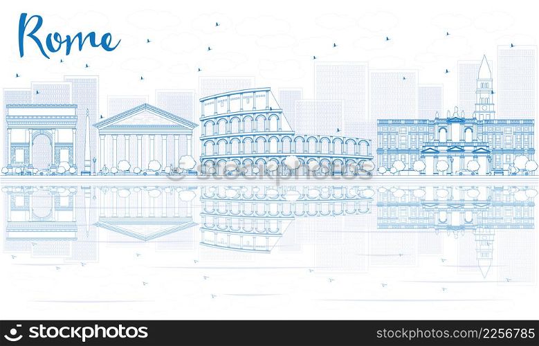 Outline Rome skyline with blue buildings and reflections. Vector illustration. Business travel and tourism concept with place for text. Image for presentation, banner, placard and web site.