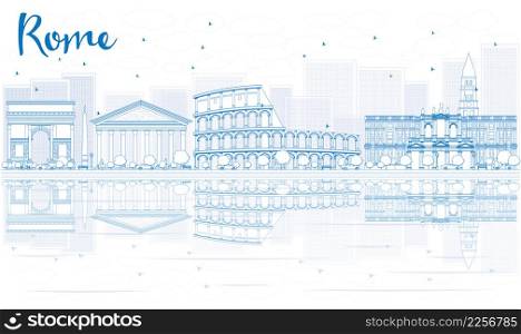 Outline Rome skyline with blue buildings and reflections. Vector illustration. Business travel and tourism concept with place for text. Image for presentation, banner, placard and web site.