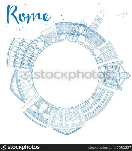 Outline Rome skyline with blue landmarks and copy space. Business travel and tourism concept with place for text. Image for presentation, banner, placard and web site. Vector illustration