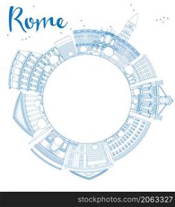 Outline Rome skyline with blue landmarks and copy space. Business travel and tourism concept with place for text. Image for presentation, banner, placard and web site. Vector illustration