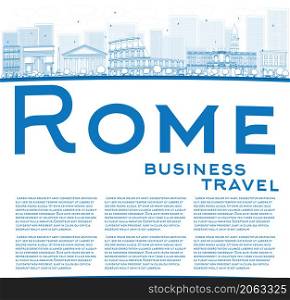 Outline Rome skyline with blue landmarks and copy space. Business travel concept. Vector illustration