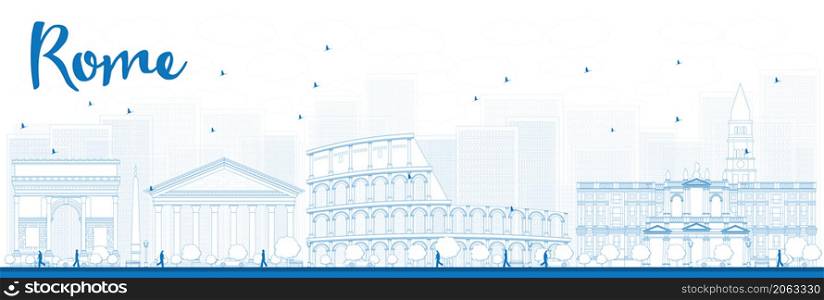 Outline Rome skyline with blue landmarks. Vector illustration