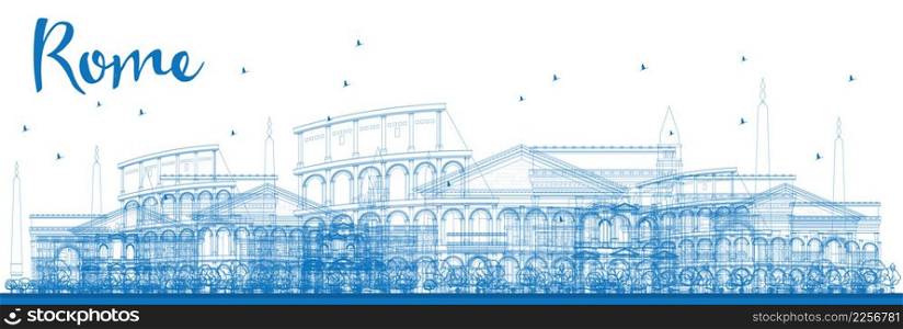 Outline Rome skyline with blue landmarks. Vector illustration. Business travel and tourism concept with historic buildings. Image for presentation, banner, placard and web site.