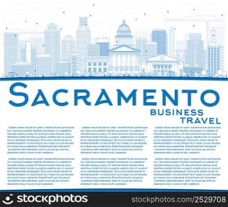 Outline Sacramento Skyline with Blue Buildings and Copy Space. Vector Illustration. Business Travel and Tourism Concept with Modern Architecture. Image for Presentation Banner Placard and Web Site.