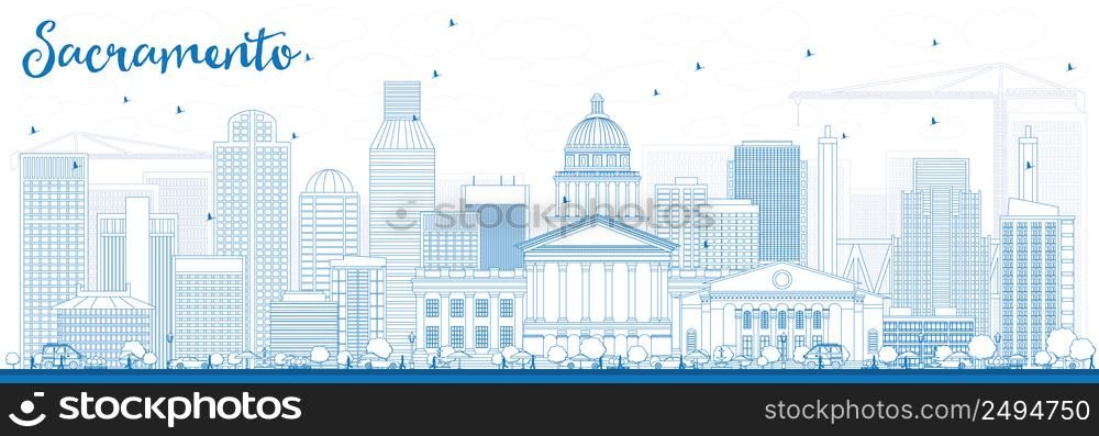 Outline Sacramento Skyline with Blue Buildings. Vector Illustration. Business Travel and Tourism Concept with Modern Architecture. Image for Presentation Banner Placard and Web Site.