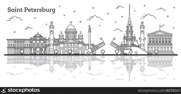 Outline Saint Petersburg Russia City Skyline with Historic Buildings and Reflections Isolated on White. Vector Illustration. Saint Petersburg Cityscape with Landmarks.