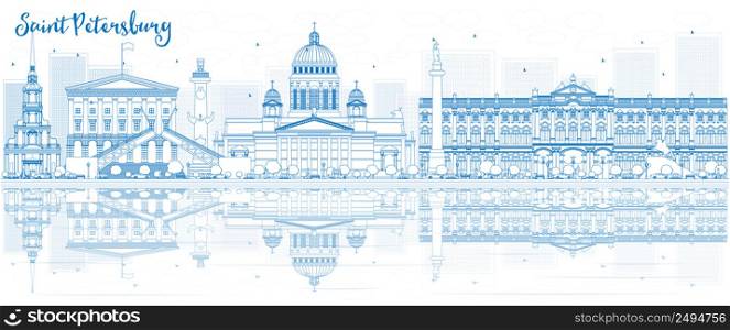 Outline Saint Petersburg skyline with blue buildings and reflections. Vector illustration. Business travel and tourism concept with place for text. Image for presentation, banner, placard and web site.