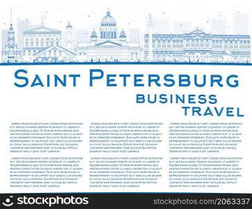 Outline Saint Petersburg skyline with blue landmarks and copy space. Business travel and tourism concept with historic buildings. Image for presentation, banner, placard and web site. Vector illustration