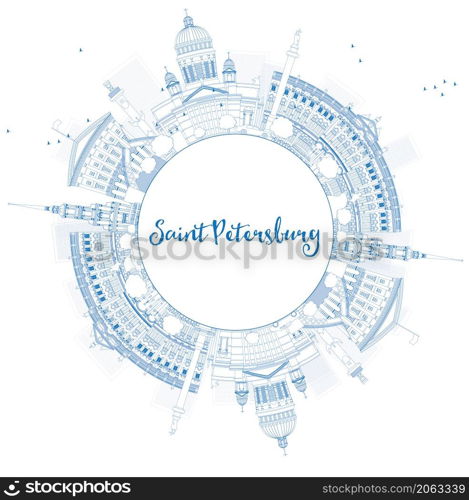Outline Saint Petersburg skyline with blue landmarks and copy space. Business travel and tourism concept with historic buildings. Image for presentation, banner, placard and web. Vector illustration