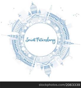 Outline Saint Petersburg skyline with blue landmarks and copy space. Business travel and tourism concept with historic buildings. Image for presentation, banner, placard and web. Vector illustration