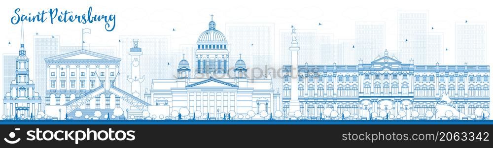 Outline Saint Petersburg skyline with blue landmarks. Business travel and tourism concept with historic buildings. Image for presentation, banner, placard and web site. Vector illustration