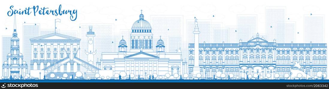 Outline Saint Petersburg skyline with blue landmarks. Business travel and tourism concept with historic buildings. Image for presentation, banner, placard and web site. Vector illustration