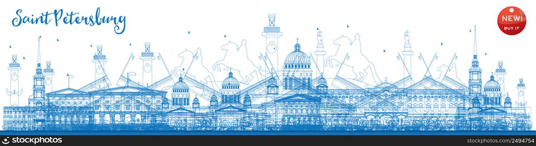 Outline Saint Petersburg skyline with blue landmarks. Business travel and tourism concept with historic buildings. Image for presentation, banner, placard and web site. Vector illustration