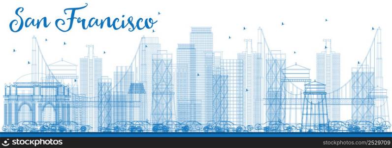 Outline San Francisco Skyline with Blue Buildings. Vector Illustration. Business Travel and Tourism Concept with Modern Buildings. Image for Presentation Banner Placard and Web Site.