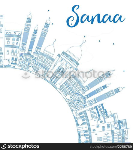Outline Sanaa  Yemen  Skyline with Blue Buildings. Vector Illustration. Business Travel and Tourism Concept with Copy Space. Image for Presentation Banner, Placard and Web Site.