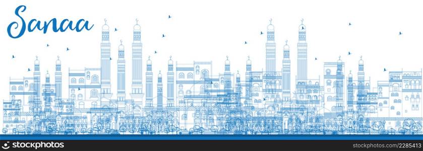 Outline Sanaa (Yemen) Skyline with Blue Buildings. Vector Illustration. Business Travel and Tourism Concept with Historic Buildings. Image for Presentation Banner, Placard and Web Site.