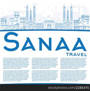 Outline Sanaa (Yemen) Skyline with Blue Buildings. Vector Illustration. Business Travel and Tourism Concept with Copy Space. Image for Presentation Banner, Placard and Web Site.