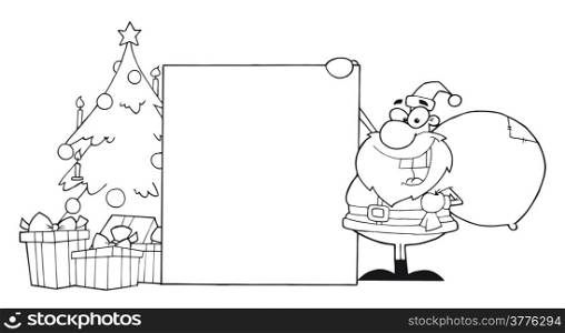 Outline Santa Claus Presenting A Blank Sign With Christmas Tree