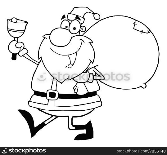 Outline Santa Waving A Bell And Walking With His Toy Sack