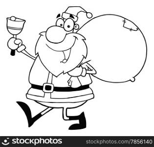 Outline Santa Waving A Bell And Walking With His Toy Sack