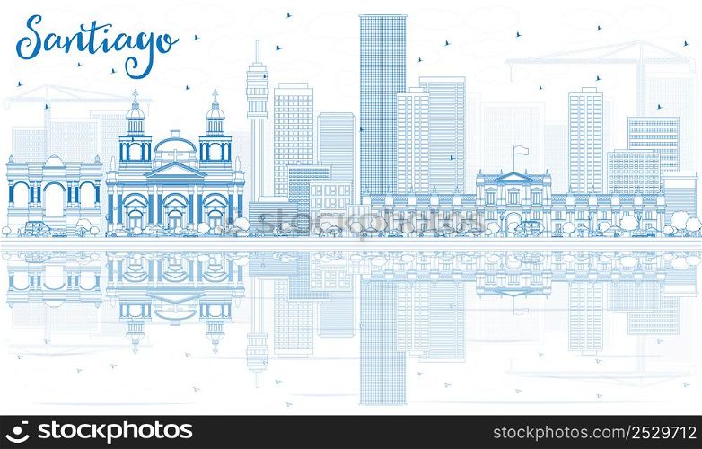 Outline Santiago Chile Skyline with Blue Buildings and Reflections. Vector Illustration. Business Travel and Tourism Concept with Modern Architecture. Image for Presentation Banner Placard and Web Site.