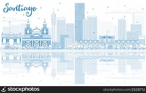 Outline Santiago Chile Skyline with Blue Buildings and Reflections. Vector Illustration. Business Travel and Tourism Concept with Modern Architecture. Image for Presentation Banner Placard and Web Site.