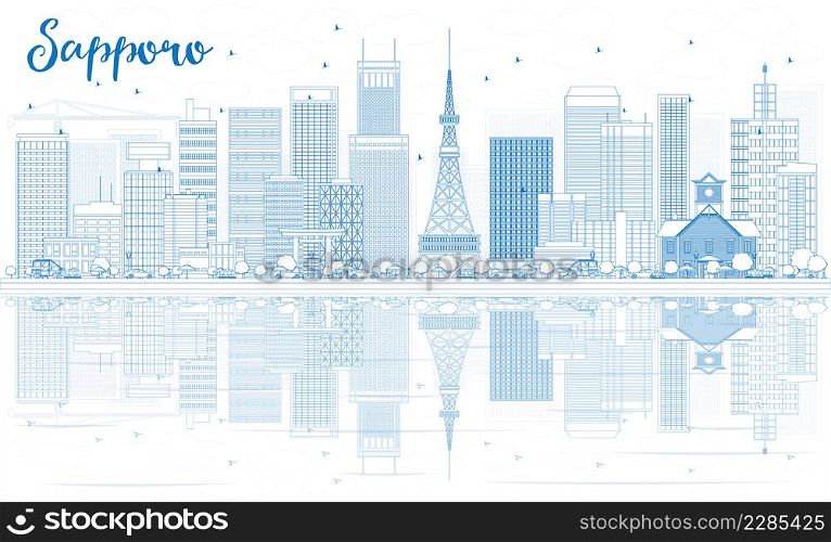 Outline Sapporo Skyline with Blue Buildings and Reflections. Vector Illustration. Business and Tourism Concept with Modern Buildings. Image for Presentation, Banner, Placard or Web Site.