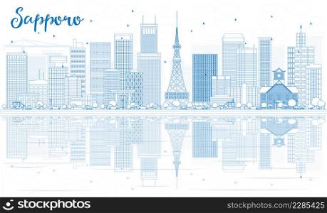 Outline Sapporo Skyline with Blue Buildings and Reflections. Vector Illustration. Business and Tourism Concept with Modern Buildings. Image for Presentation, Banner, Placard or Web Site.