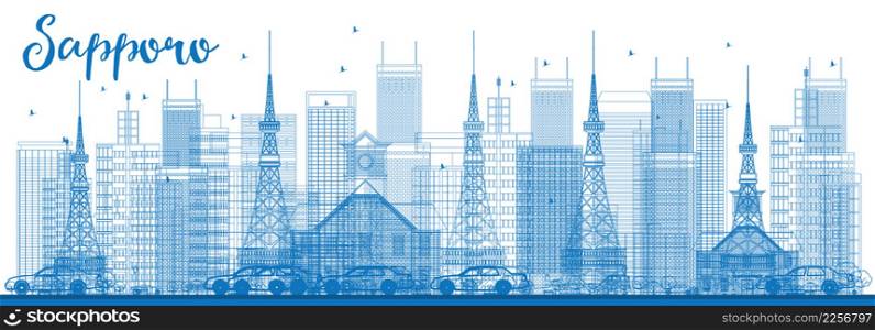 Outline Sapporo Skyline with Blue Buildings. Vector Illustration. Business and Tourism Concept with Modern Buildings. Image for Presentation, Banner, Placard or Web Site.