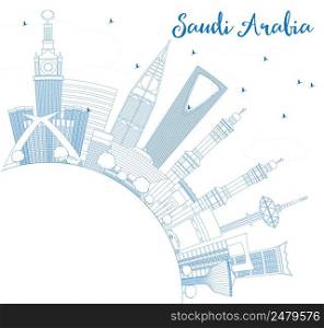 Outline Saudi Arabia Skyline with Blue Landmarks and Copy Space. Vector Illustration. Business Travel and Tourism Concept. Image for Presentation Banner Placard and Web Site.