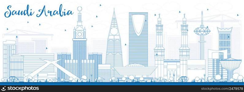 Outline Saudi Arabia Skyline with Blue Landmarks. Vector Illustration. Business Travel and Tourism Concept. Image for Presentation Banner Placard and Web Site.